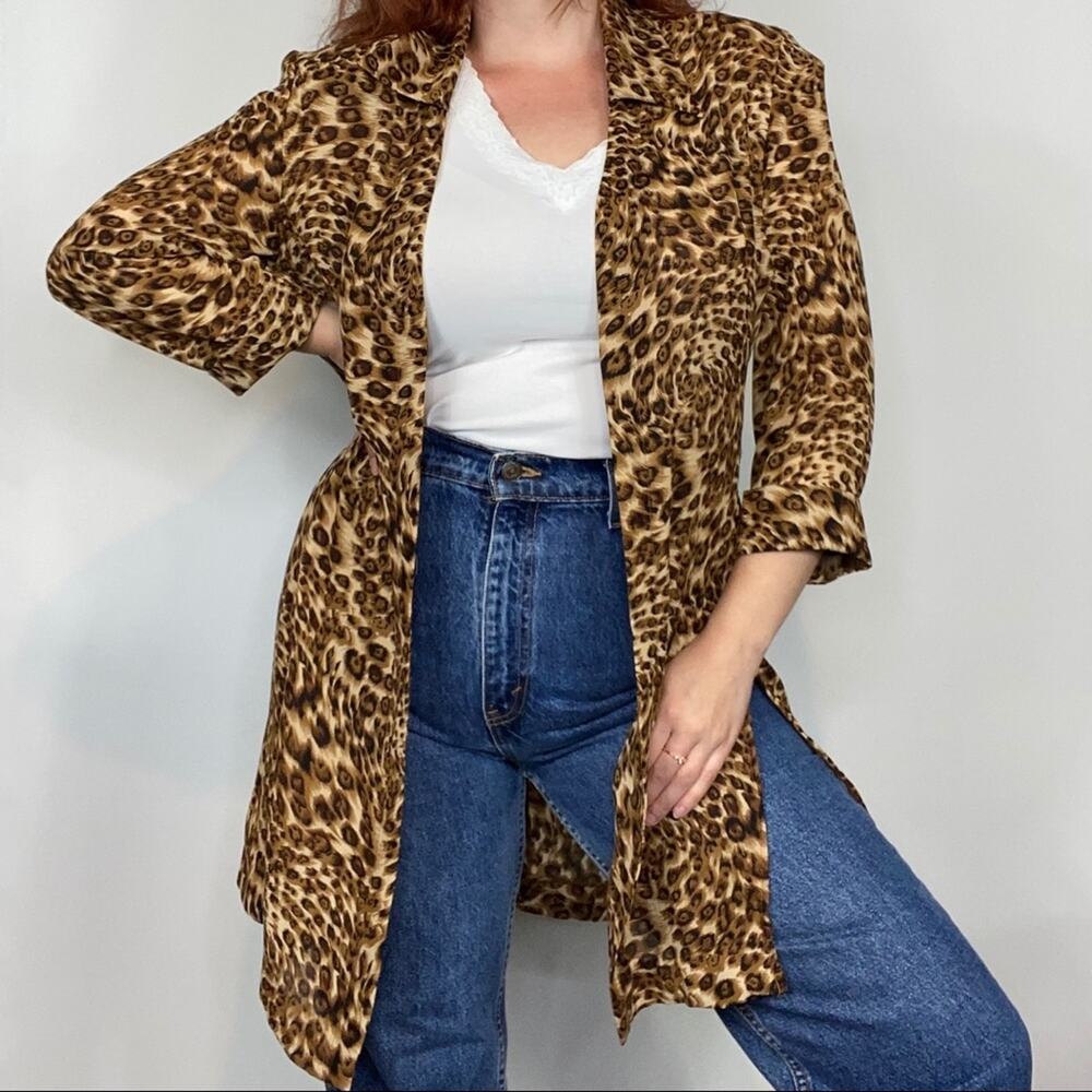Vintage 90s Studio 1 Plus Size 16 Neutral Leopard Cheetah Print Duster Blouse